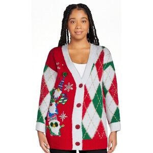 Holiday Time Ugly Christmas Sweater Cardigan Size SM Elf Argyle V-neck Oversized